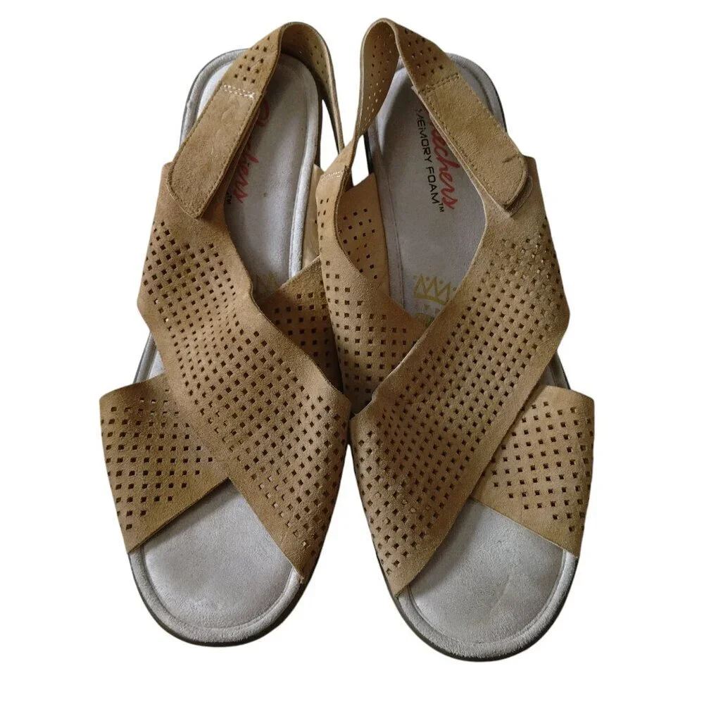 Skechers Memory Foam Women's Wedge Heel Sandals Beige Perforated Size 10???
